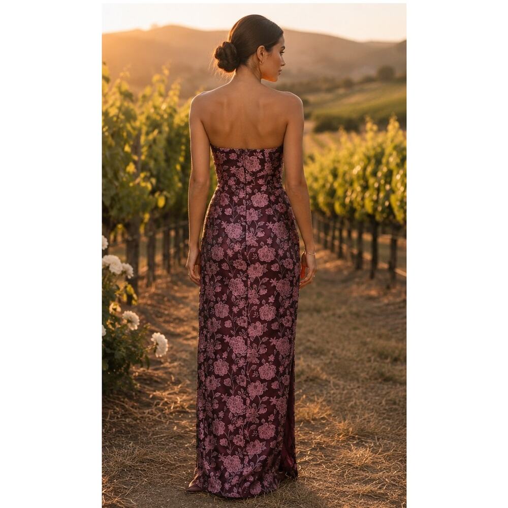 Lulus D'Amore Plum Floral Jacquard Strapless Tulip Dress Medium NWT Slit - Picture 2 of 13